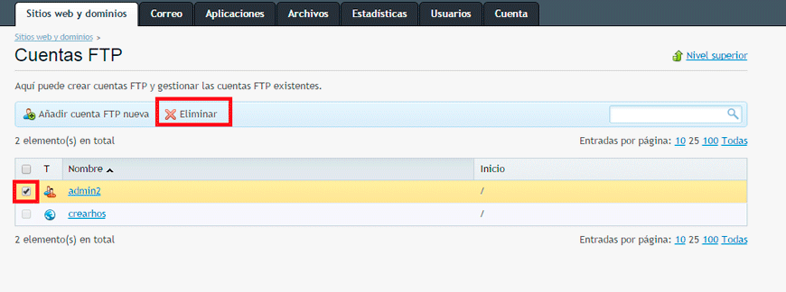 Cómo eliminar una cuenta FTP adicional — captura 1