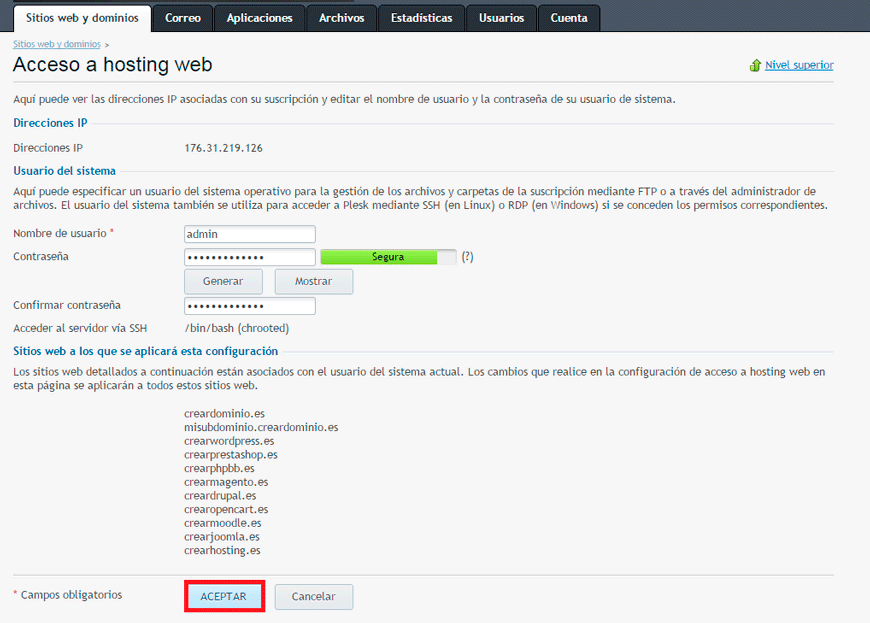 Cómo cambiar los datos de acceso FTP en Plesk — captura 2