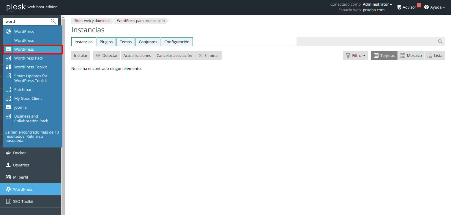 Cómo instalar WordPress automáticamente en Plesk — captura 1