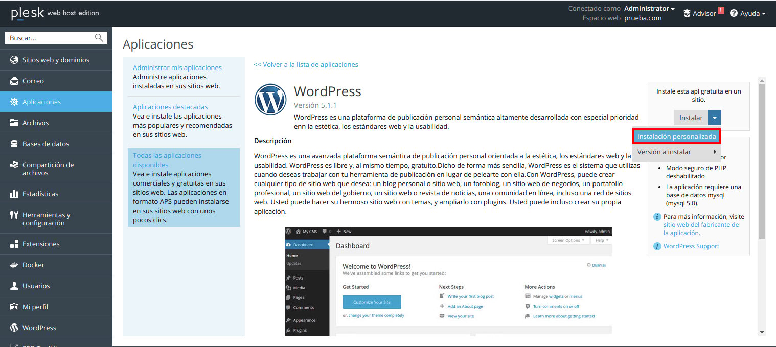 Cómo instalar WordPress automáticamente en Plesk — captura 2