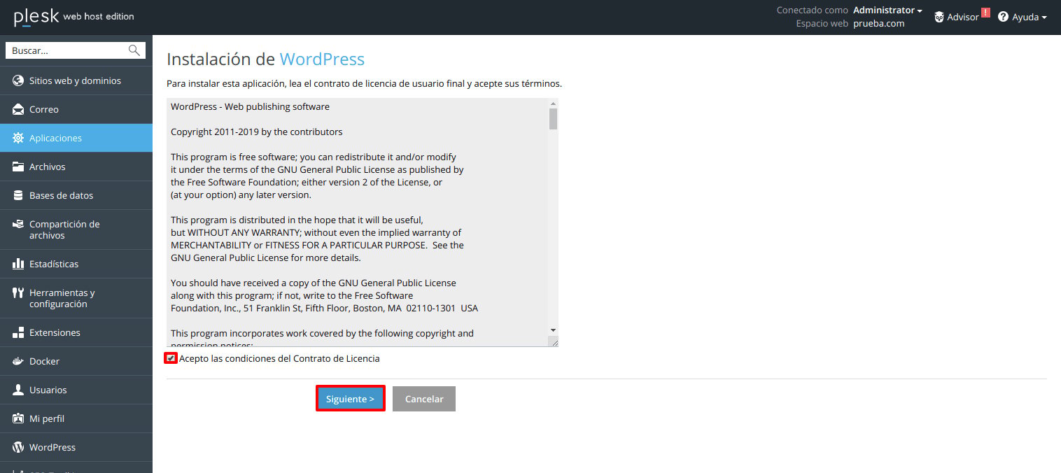 Cómo instalar WordPress automáticamente en Plesk — captura 3