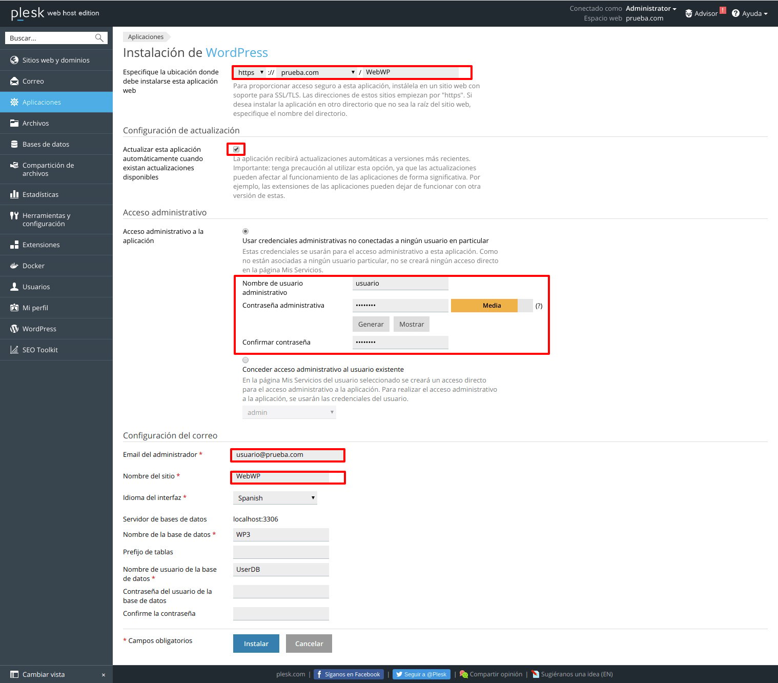 Cómo instalar WordPress automáticamente en Plesk — captura 4