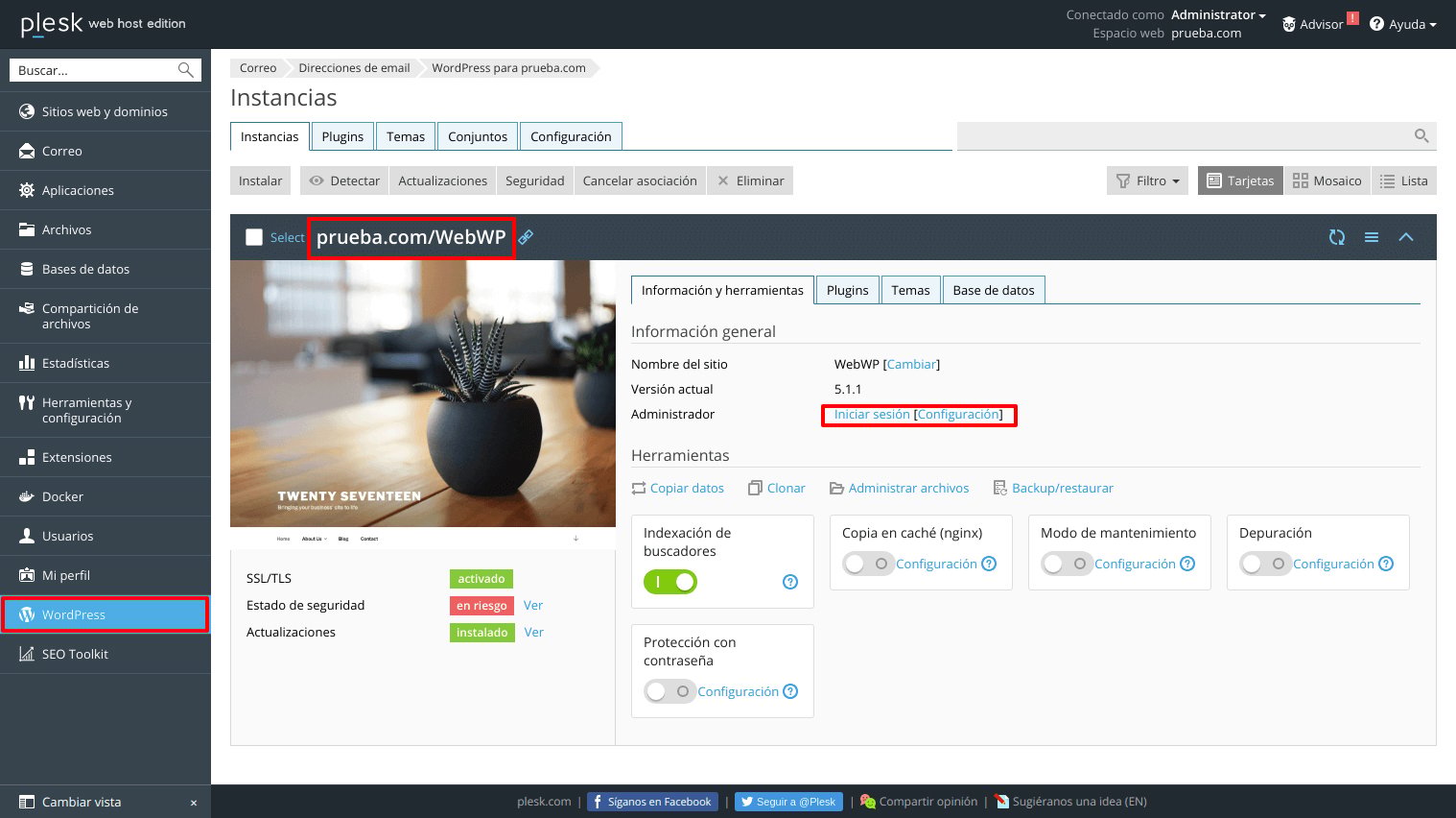 Cómo acceder a la administración de WordPress en Plesk — captura 1