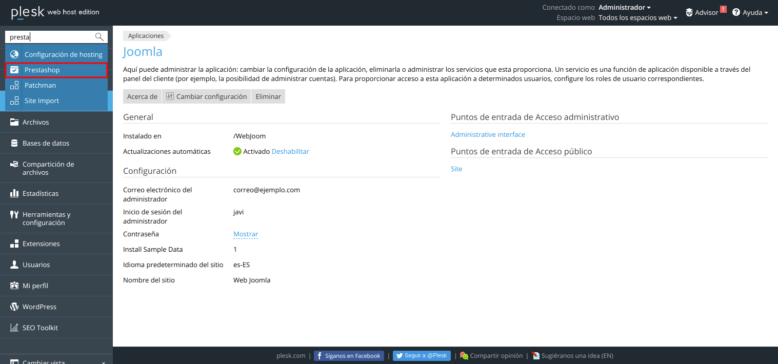 Cómo instalar la tienda virtual PrestaShop en Plesk — captura 1