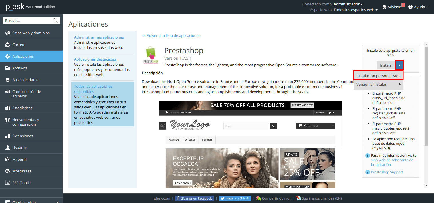 Cómo instalar la tienda virtual PrestaShop en Plesk — captura 2