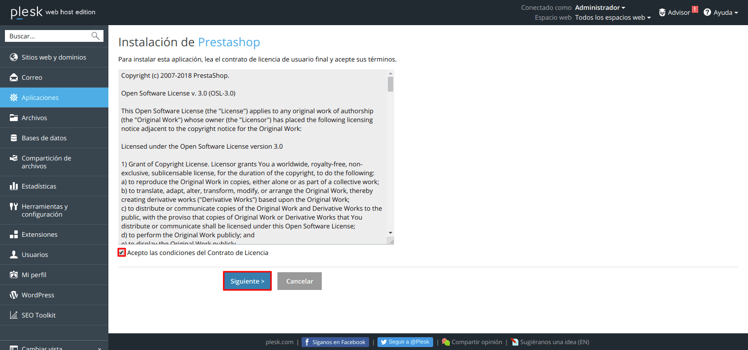 Cómo instalar la tienda virtual PrestaShop en Plesk — captura 3