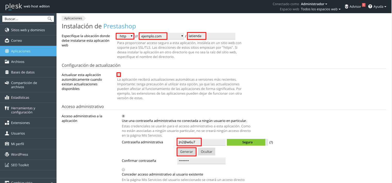 Cómo instalar la tienda virtual PrestaShop en Plesk — captura 4