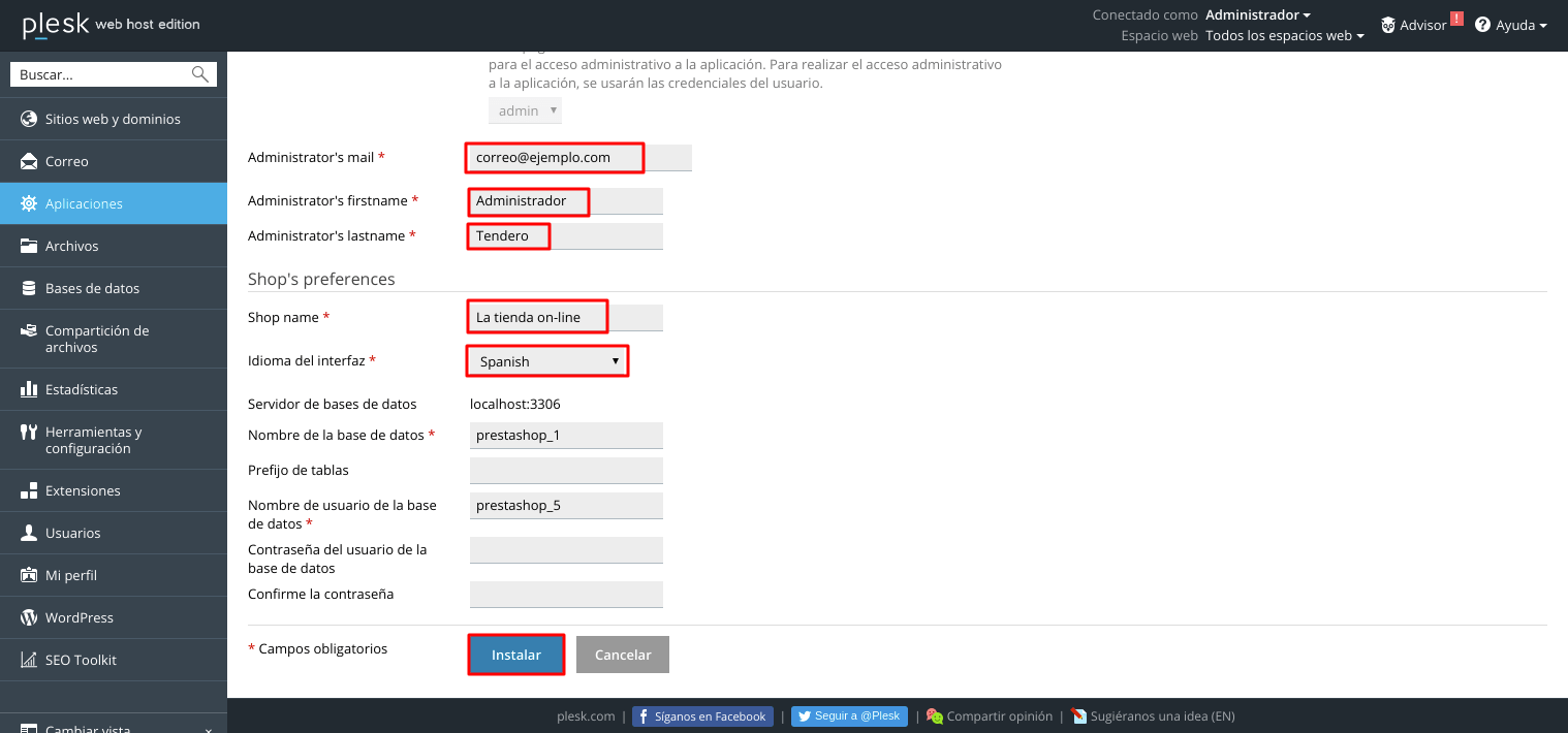 Cómo instalar la tienda virtual PrestaShop en Plesk — captura 5