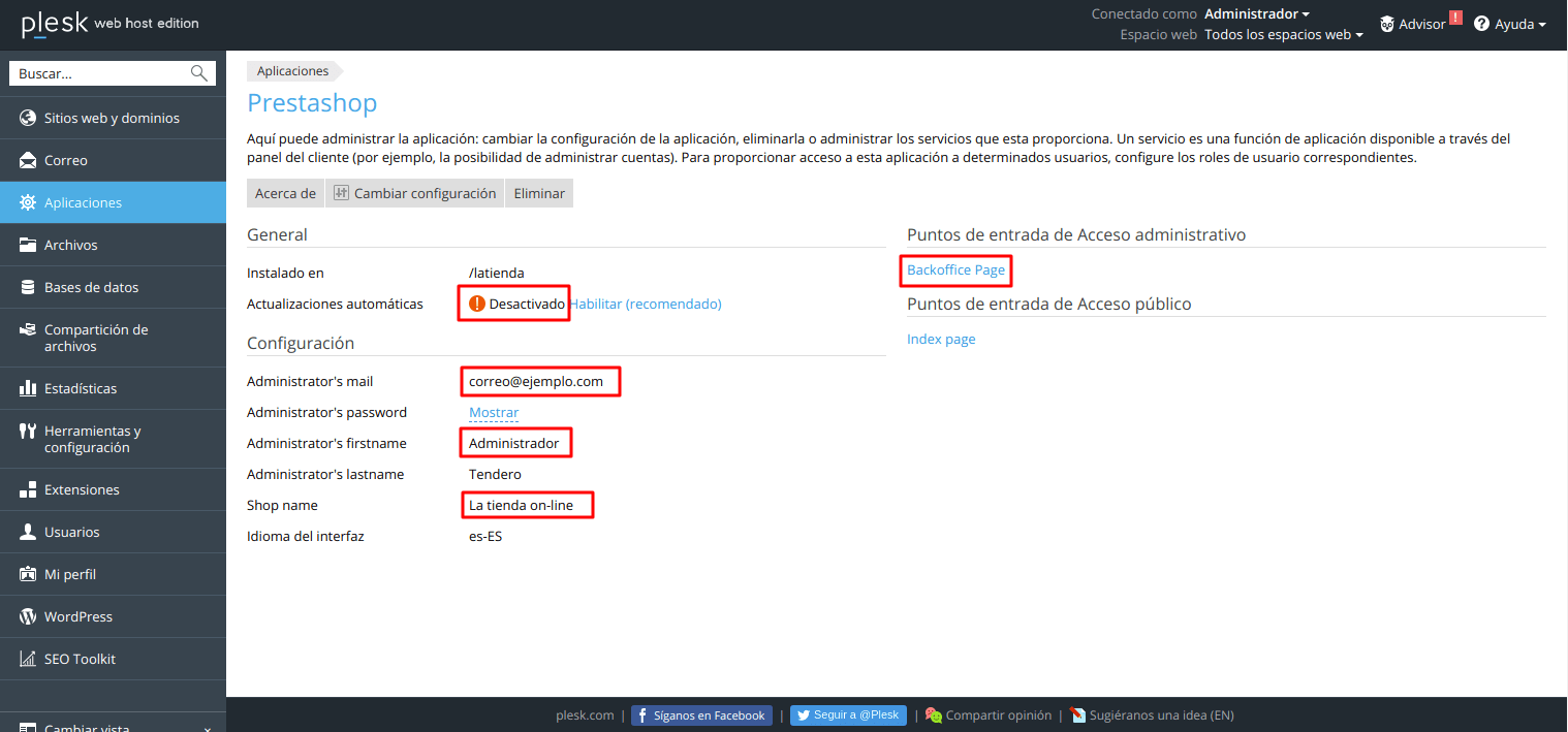 Cómo instalar la tienda virtual PrestaShop en Plesk — captura 6