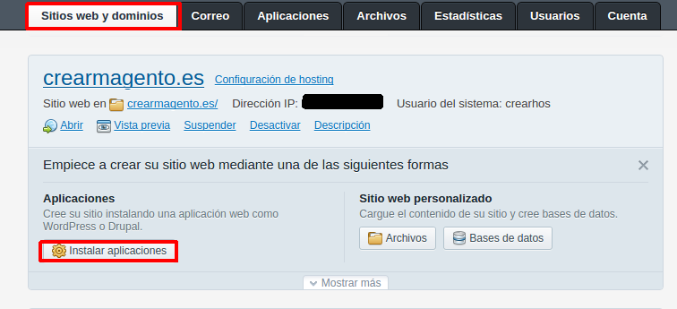 Cómo instalar la tienda virtual Magento automáticamente en Plesk — captura 1