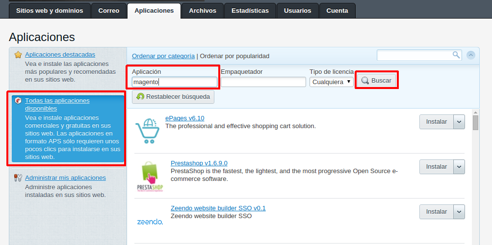 Cómo instalar la tienda virtual Magento automáticamente en Plesk — captura 2