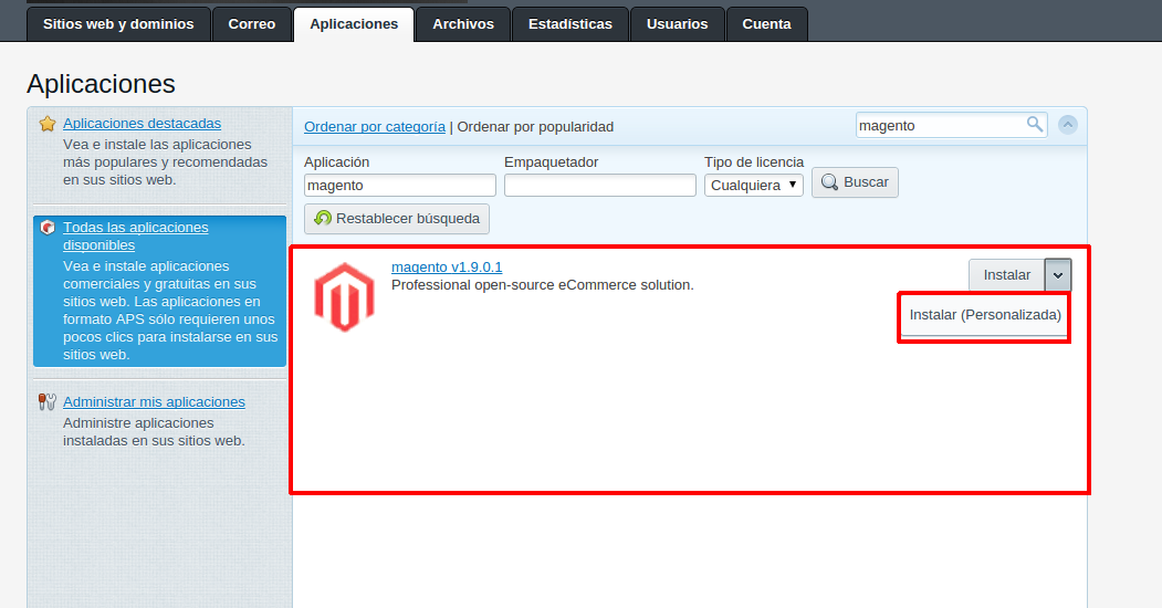 Cómo instalar la tienda virtual Magento automáticamente en Plesk — captura 3
