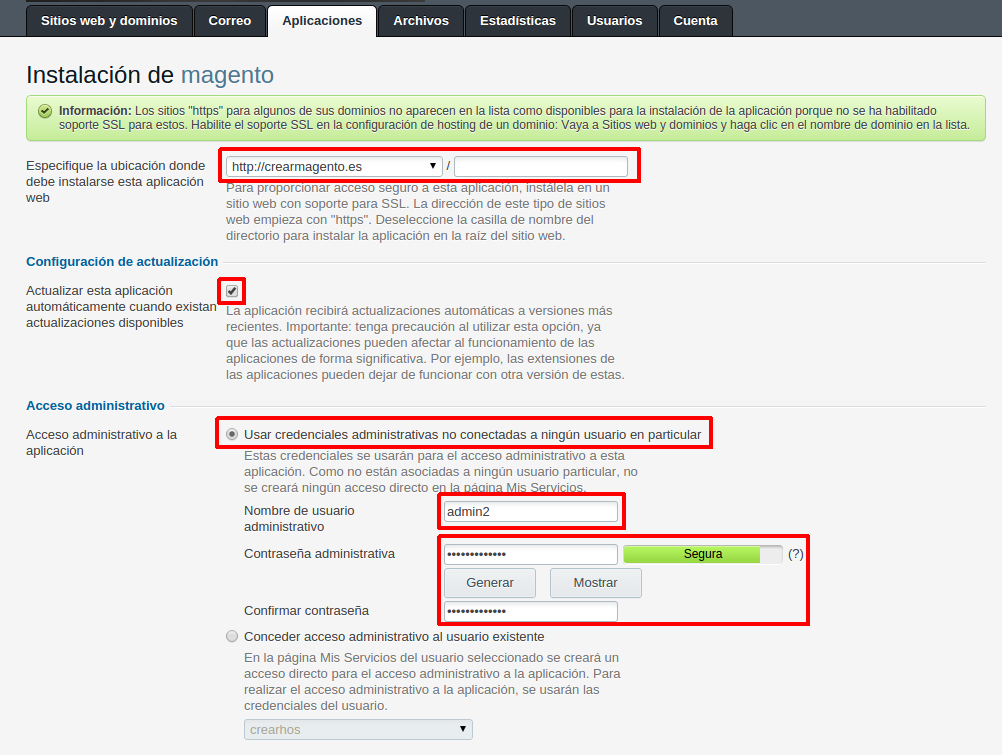Cómo instalar la tienda virtual Magento automáticamente en Plesk — captura 6