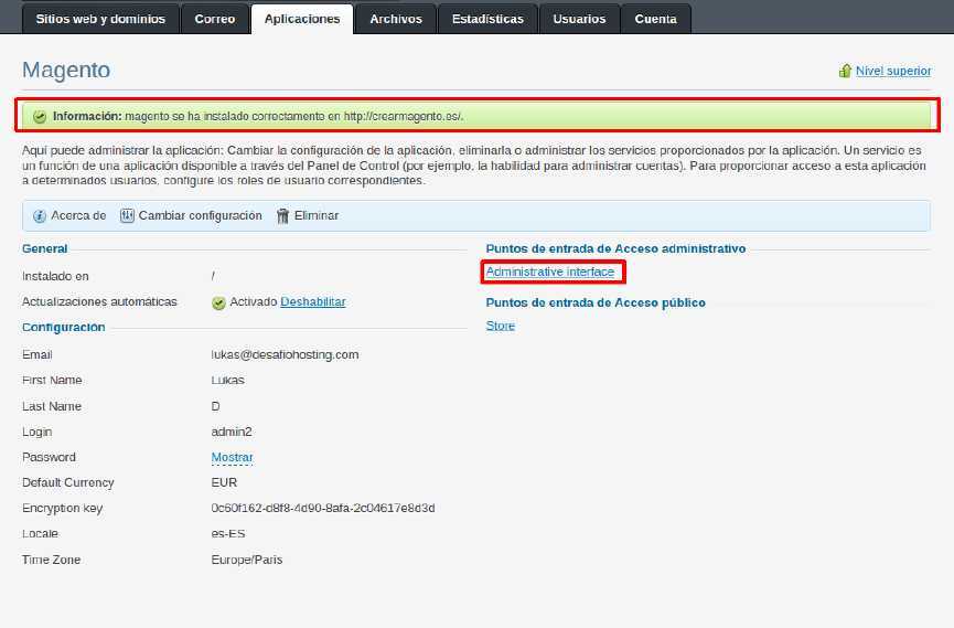 Cómo instalar la tienda virtual Magento automáticamente en Plesk — captura 8