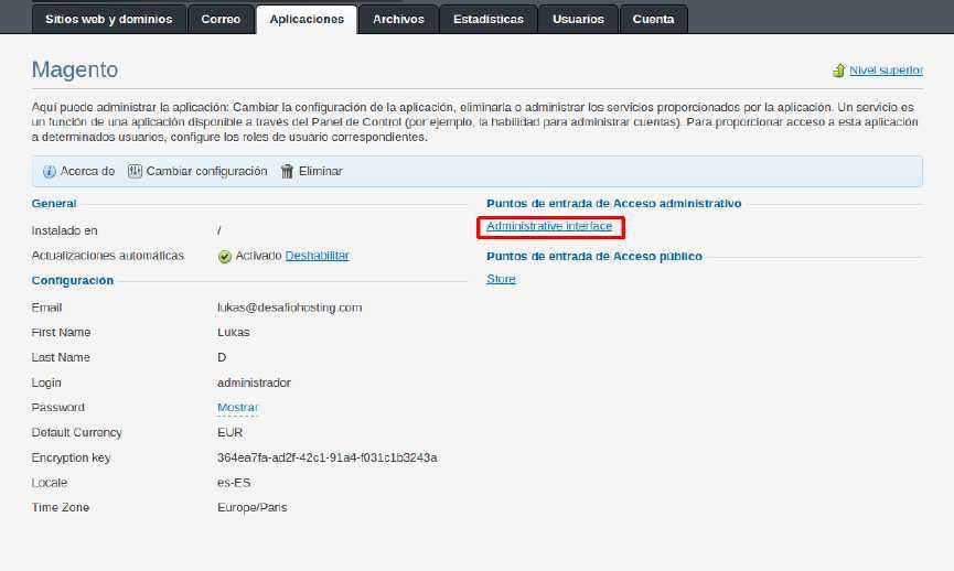Cómo acceder a la administración de Magento en Plesk — captura 3