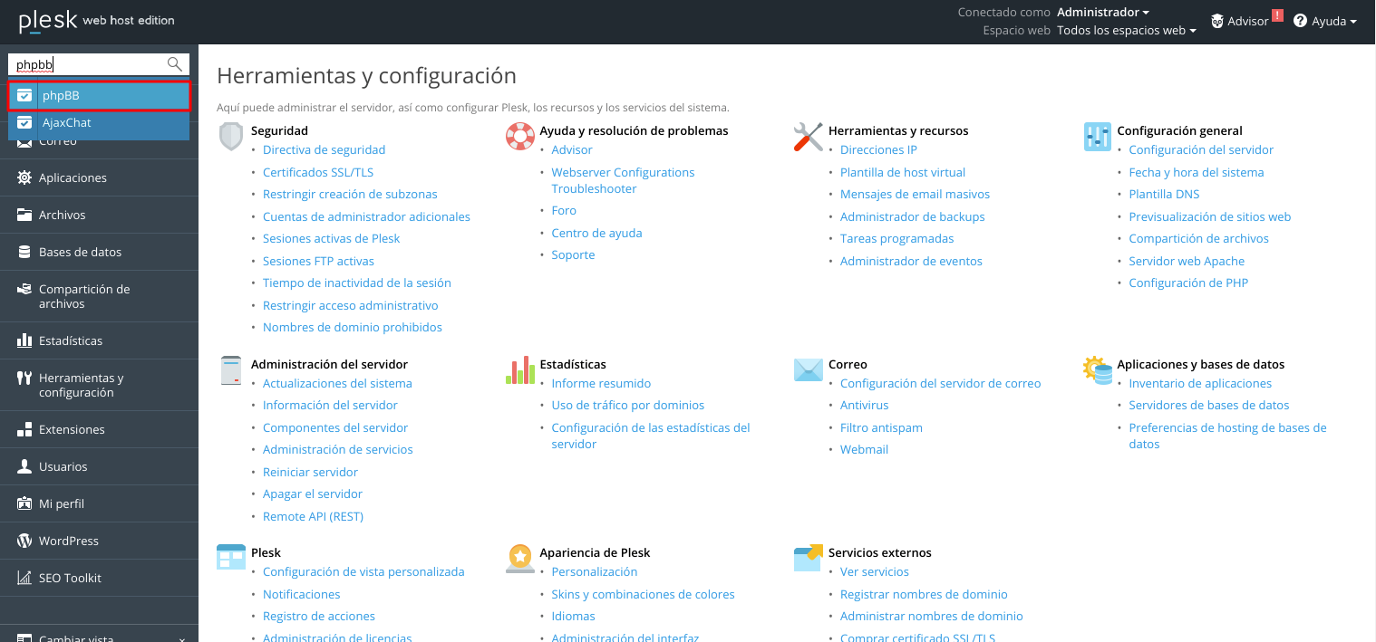 Cómo crear un foro phpBB automáticamente en Plesk — captura 1