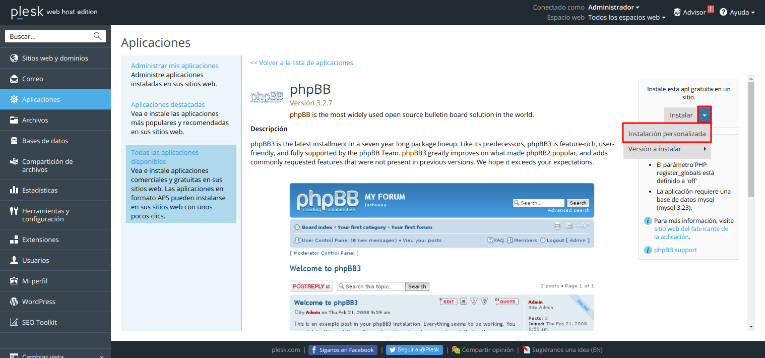 Cómo crear un foro phpBB automáticamente en Plesk — captura 2