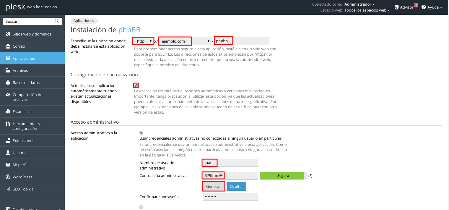 Cómo crear un foro phpBB automáticamente en Plesk — captura 4