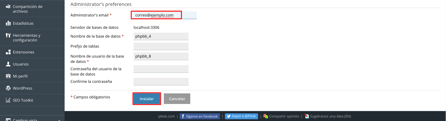 Cómo crear un foro phpBB automáticamente en Plesk — captura 5