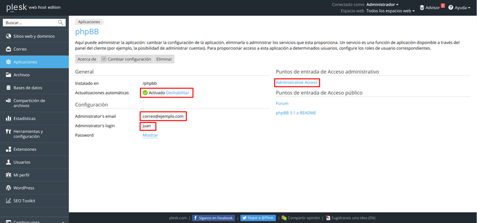 Cómo acceder a la administración de phpBB en Plesk — captura 1