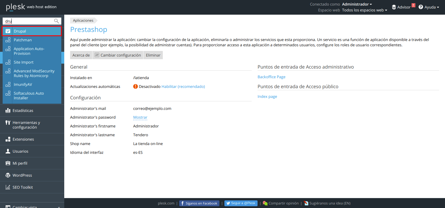 Cómo instalar Drupal automáticamente en Plesk — captura 1