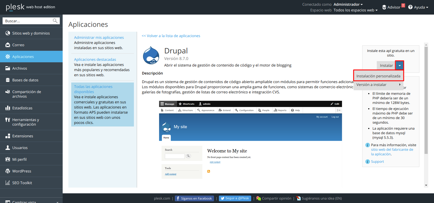 Cómo instalar Drupal automáticamente en Plesk — captura 2