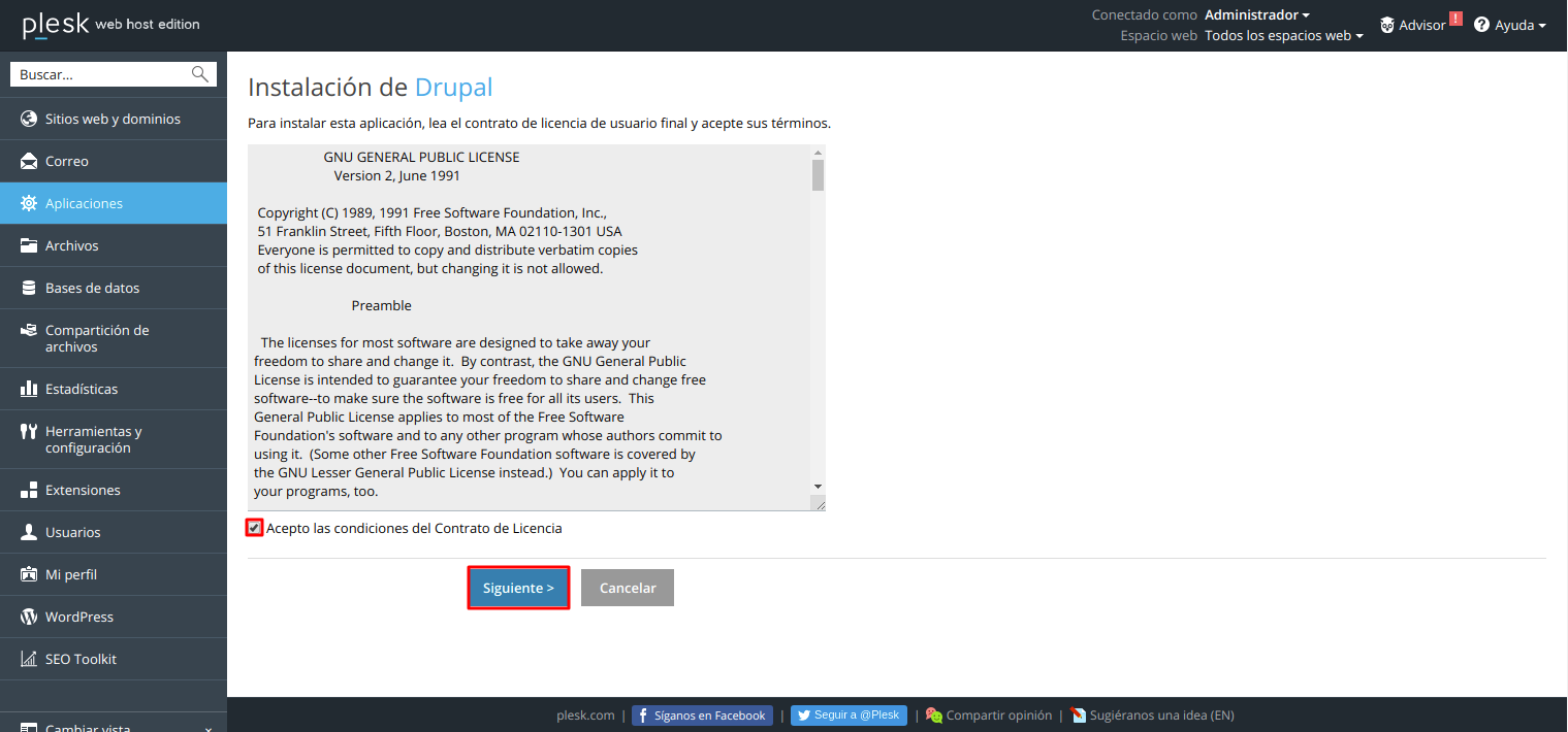 Cómo instalar Drupal automáticamente en Plesk — captura 3