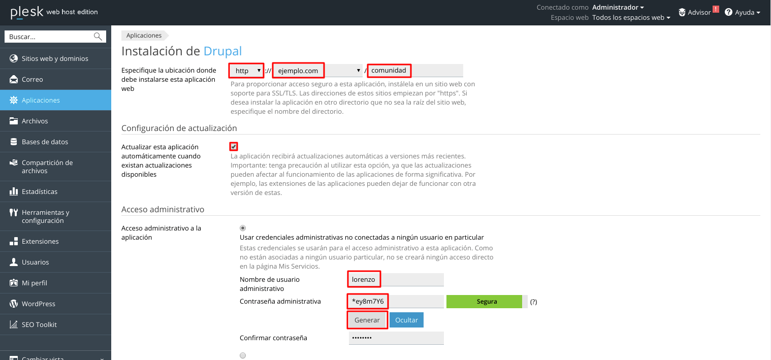Cómo instalar Drupal automáticamente en Plesk — captura 4