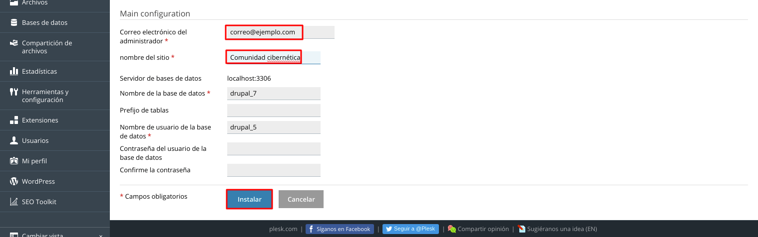 Cómo instalar Drupal automáticamente en Plesk — captura 5