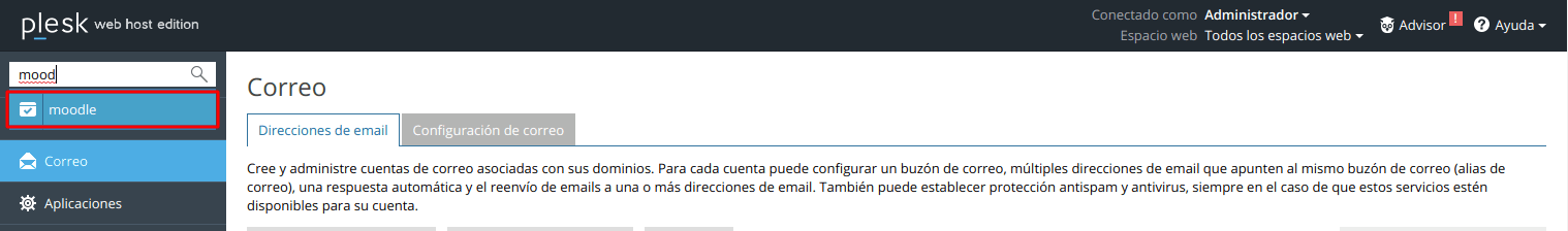 Cómo instalar Moodle automáticamente en Plesk — captura 1