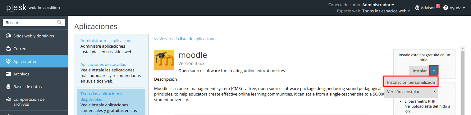 Cómo instalar Moodle automáticamente en Plesk — captura 2