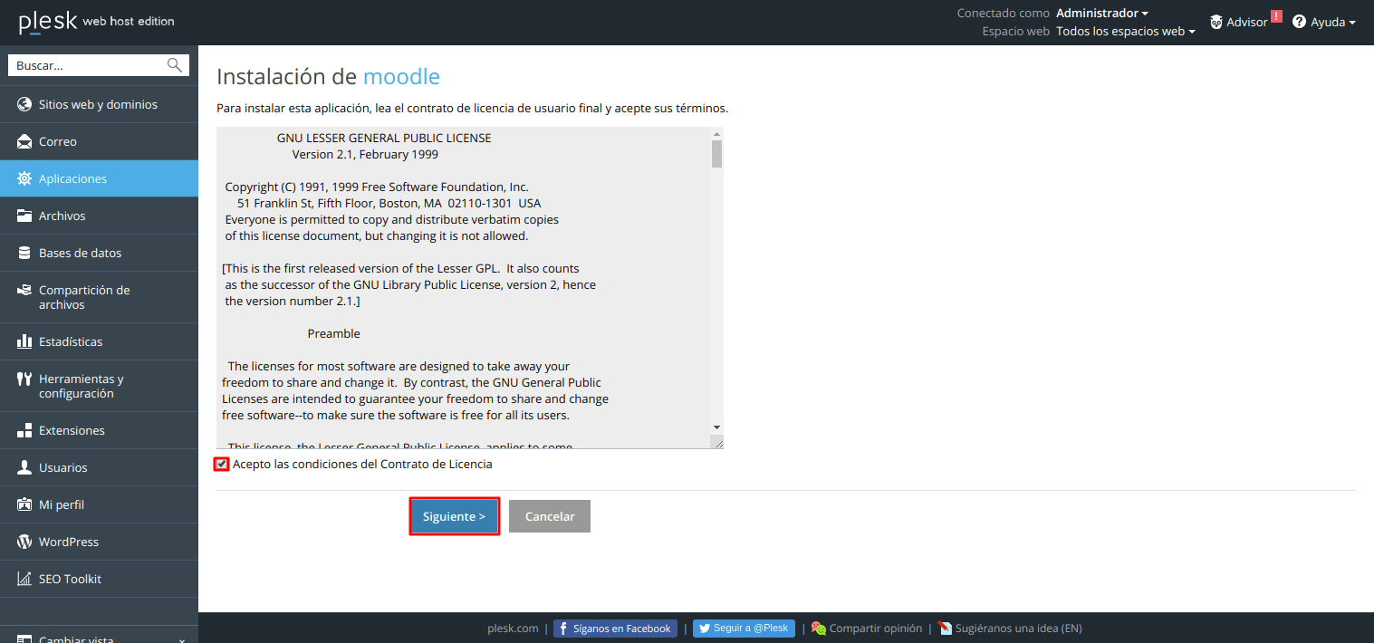 Cómo instalar Moodle automáticamente en Plesk — captura 3