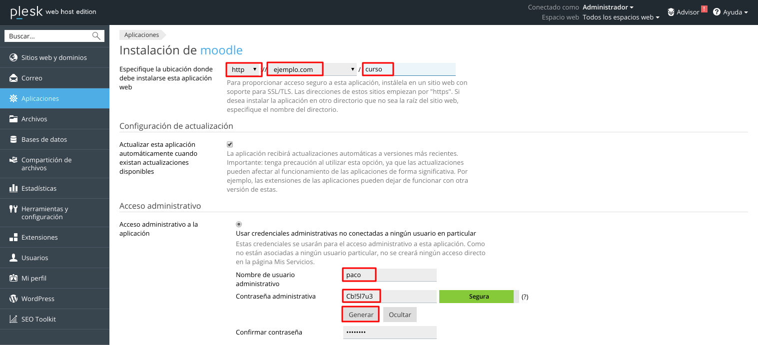 Cómo instalar Moodle automáticamente en Plesk — captura 4