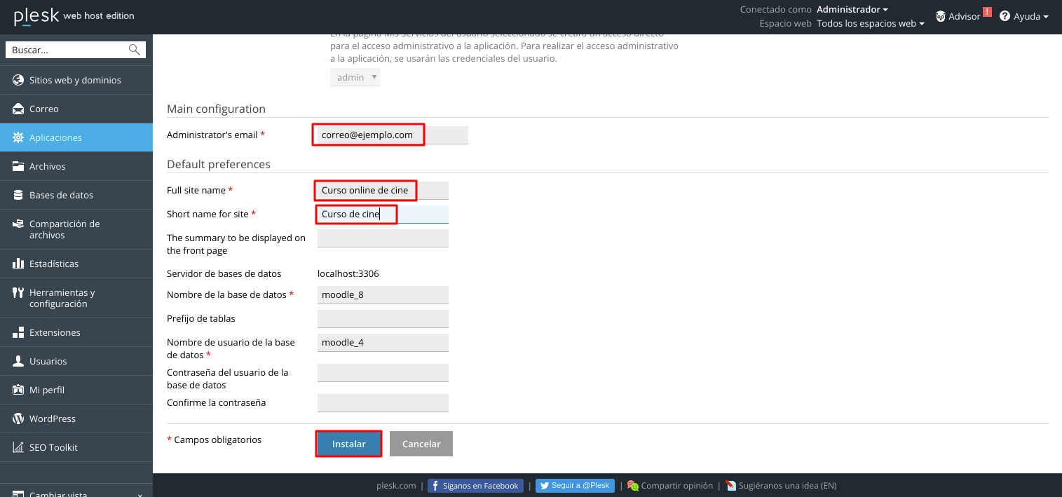 Cómo instalar Moodle automáticamente en Plesk — captura 5