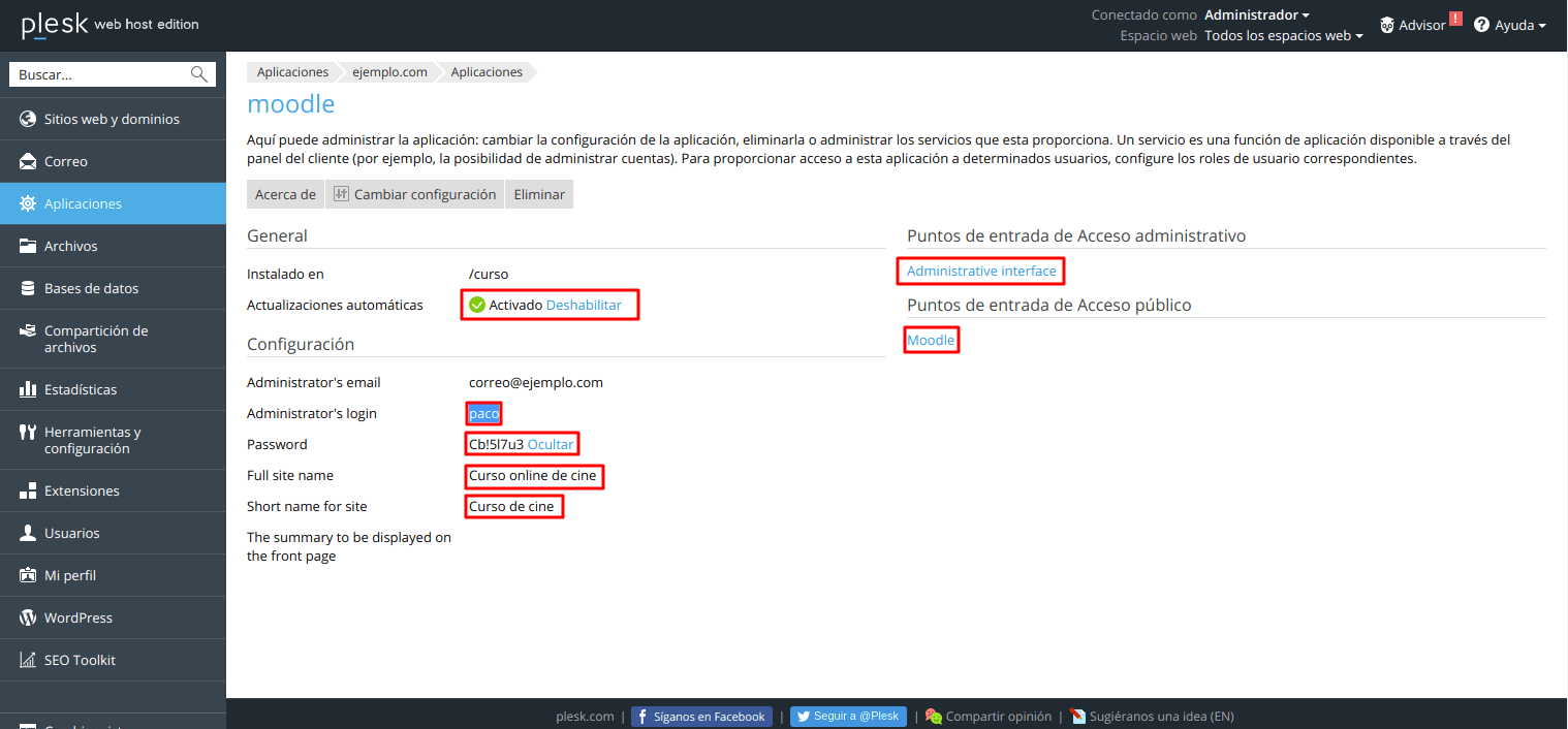 Cómo instalar Moodle automáticamente en Plesk — captura 6
