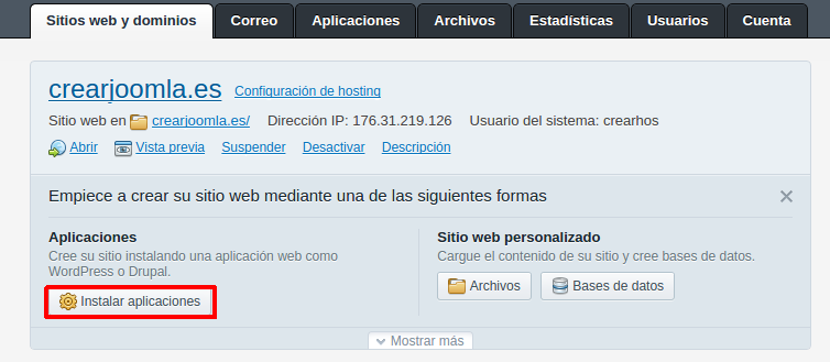 Cómo instalar Joomla automáticamente en Plesk — captura 1