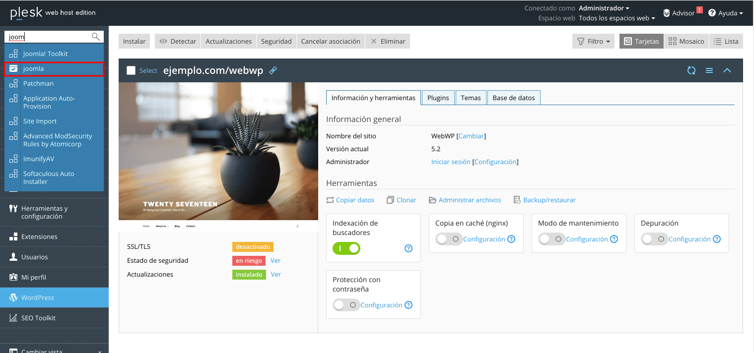 Cómo instalar Joomla automáticamente en Plesk — captura 2