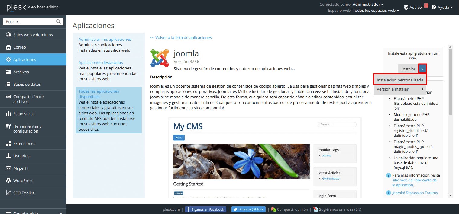 Cómo instalar Joomla automáticamente en Plesk — captura 3