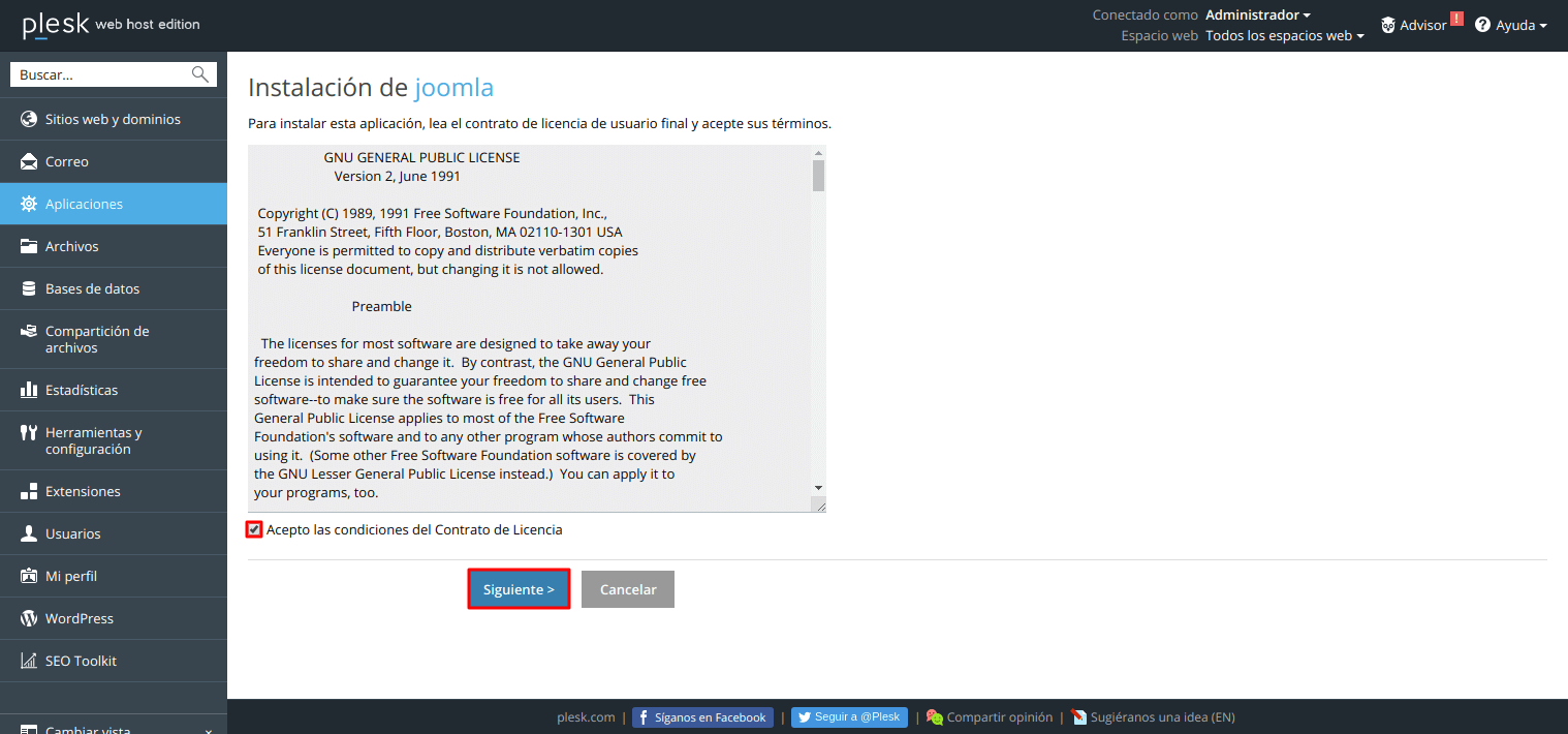 Cómo instalar Joomla automáticamente en Plesk — captura 4
