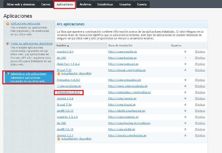 Cómo administrar aplicaciones en Plesk — captura 3