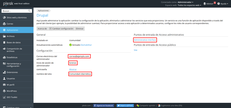 Cómo acceder a la administración de Drupal en Plesk — captura 1
