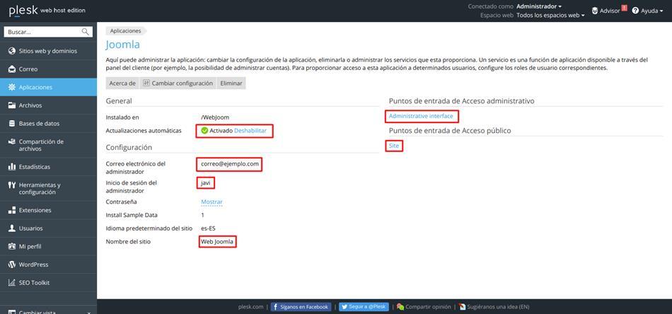 Cómo acceder a la administración de Joomla en Plesk — captura 1