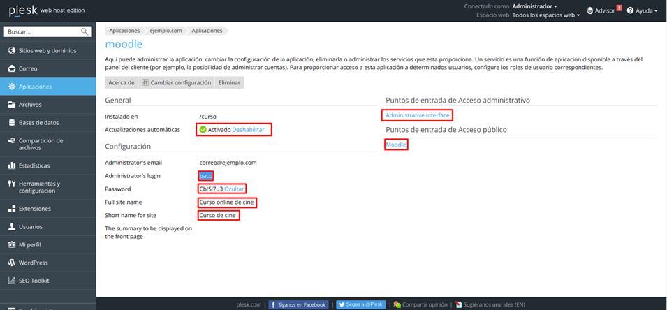 Cómo acceder a la administración de Moodle en Plesk — captura 1